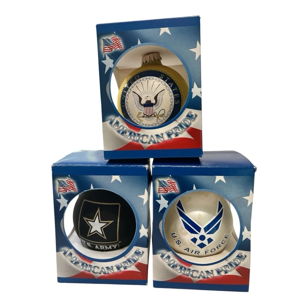 American Pride Glass Ball Ornament Set of 3 U.S. Military Christmas Decor